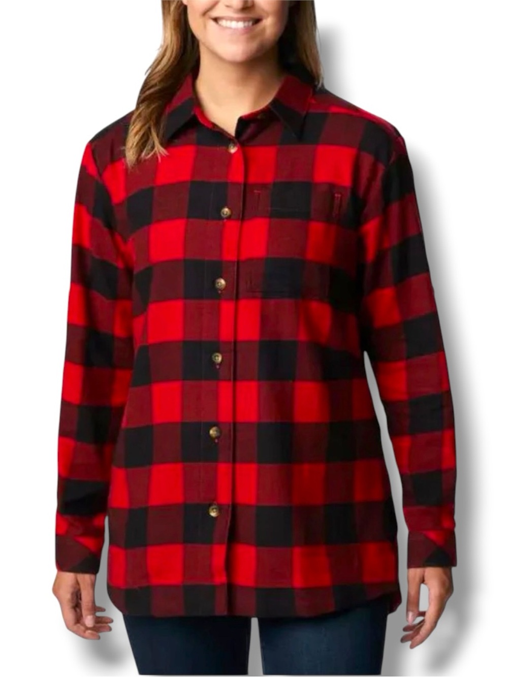 Columbia Size M Women's Red & Black Buffalo Plaid Button-Front Long Sleeve Shirt